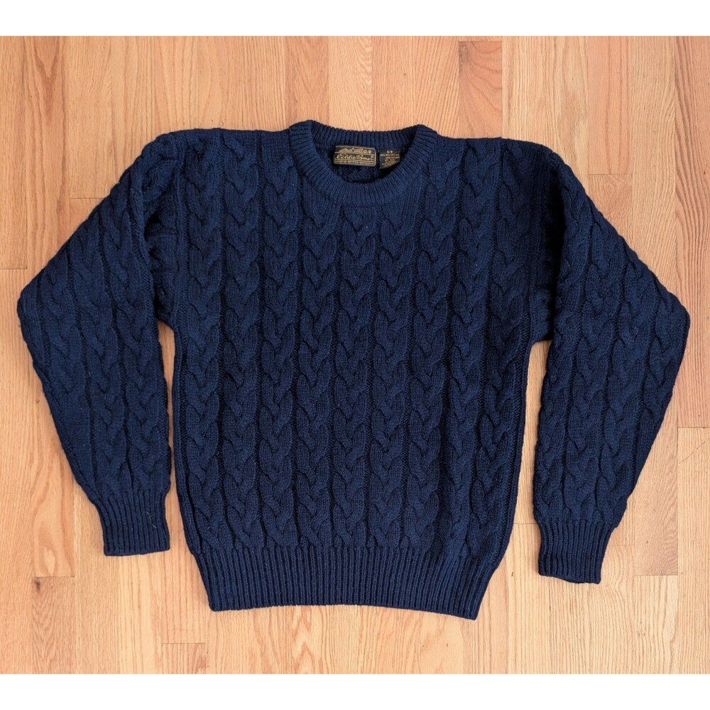 Vintage Eddie Bauer Shetland Wool Cable Knit Sweater Small Black Label 90s Navy